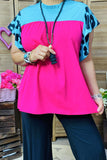 XCH15819 Turquoise leopard & fuchsia flutter sleeve baby doll women's top