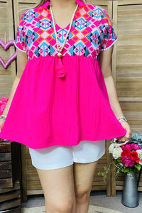 BQ15860 Aztec embroidery hot pink baby doll women's top with/trim short sleeve