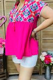 BQ15860 Aztec embroidery hot pink baby doll women's top with/trim short sleeve