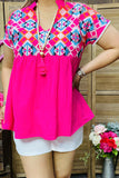 BQ15860 Aztec embroidery hot pink baby doll women's top with/trim short sleeve