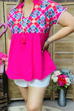 BQ15860 Aztec embroidery hot pink baby doll women's top with/trim short sleeve