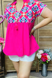 BQ15860 Aztec embroidery hot pink baby doll women's top with/trim short sleeve