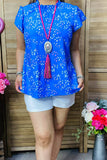 GJQ15936 Floral printed blue baby doll women's top with short sleeves