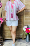 BQ15941 Pink striped v-neckline loose style women's top with short sleeve