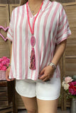 BQ15941 Pink striped v-neckline loose style women's top with short sleeve