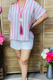 BQ15941 Pink striped v-neckline loose style women's top with short sleeve