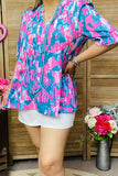 XCH15817 Teal & pink printed ruffle sleeves baby doll women's top w/v-neckline