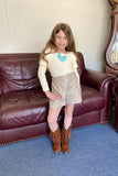 DLH2717 Cream knitted long sleeve top & Leather shorts girls sets