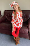 XCH06001 Red hearts & bows printed ruffle sleeve top &  legging 3pc girls sets