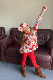 XCH06001 Red hearts & bows printed ruffle sleeve top &  legging 3pc girls sets