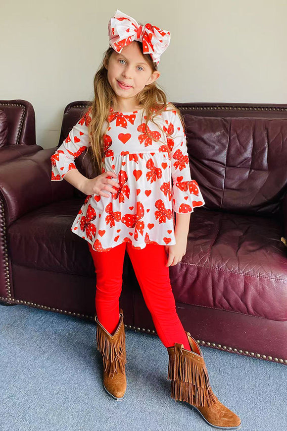 XCH06001 Red hearts & bows printed ruffle sleeve top &  legging 3pc girls sets