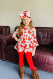 Red hearts & bows printed ruffle sleeve top &  legging 3pc girls sets XCH06001