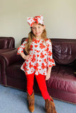 XCH06001 Red hearts & bows printed ruffle sleeve top &  legging 3pc girls sets