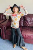 DLH2686 Floral prints ruffle long sleeve top black bell bottom 2pc girls sets