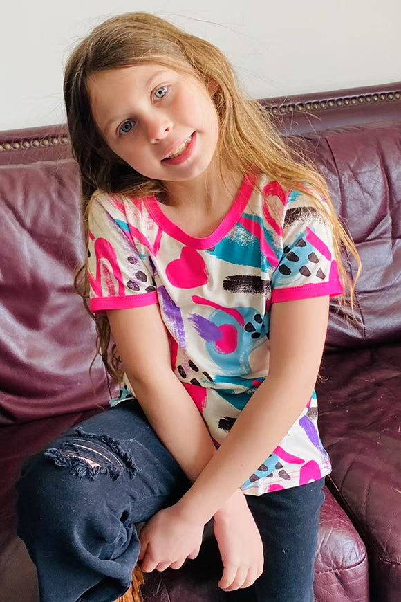 XCH01010 Multi color heart printed short sleeve girls top