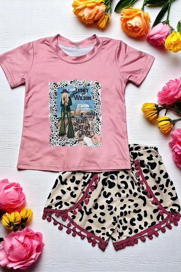 Shop kids clothes Pink top & pompoms leopard girls sets DLH2760