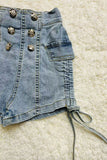 230119M Washed blue tied bow & buttons girls denim shorts