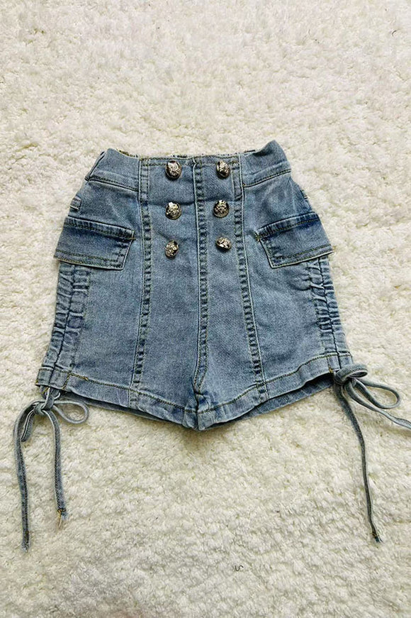 230119M Washed blue tied bow & buttons girls denim shorts