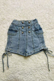 230119M Washed blue tied bow & buttons girls denim shorts