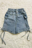 230119M Washed blue tied bow & buttons girls denim shorts