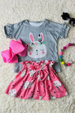 DLH2860 Easter grey top & pink rabbits printed skirt 2pcs western girls sets