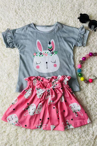 DLH2860 Easter grey top & pink rabbits printed skirt 2pcs western girls sets