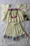 DLH2849 Cream gauze & pink & blue & mint knitted hems 2pc girls shorts sets