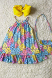 XCH07001 Multi color bunny printed sleeveless girls dress w/bag