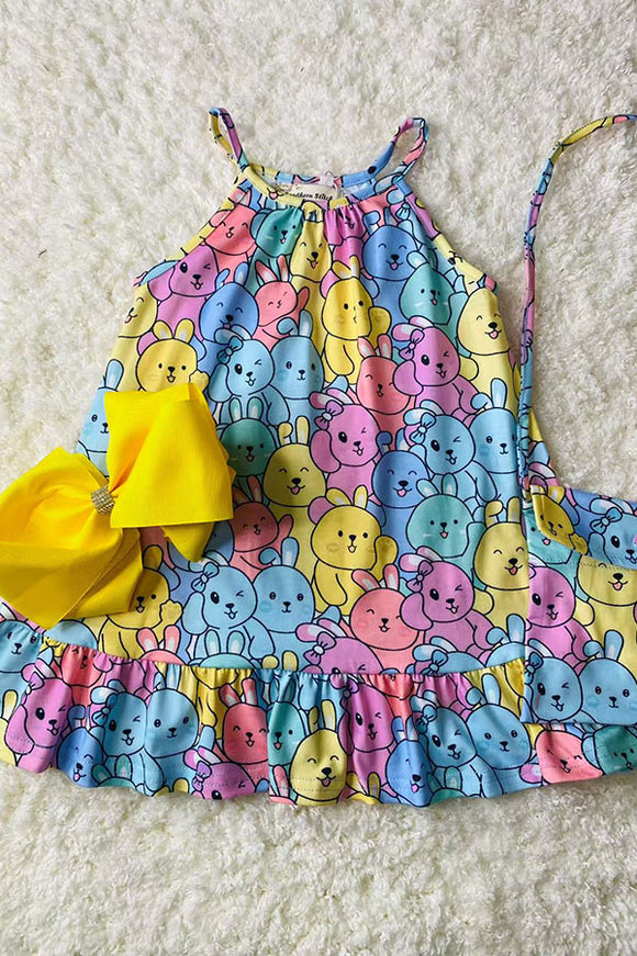 XCH07001 Multi color bunny printed sleeveless girls dress w/bag