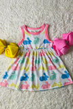 XCH03007 Easter bunny printed pink trim sleeveless girls dress