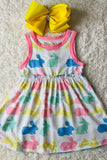 XCH03007 Easter bunny printed pink trim sleeveless girls dress