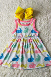 XCH03007 Easter bunny printed pink trim sleeveless girls dress