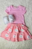 XCH04021 Pink pit cotton top & pink bunny skirts 2pcs easter girls sets