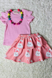 XCH04021 Pink pit cotton top & pink bunny skirts 2pcs easter girls sets