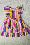 XCH03008 Multicolor serape printed ruffled girls dress w/side belt