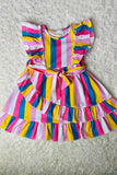 XCH03008 Multicolor serape printed ruffled girls dress w/side belt