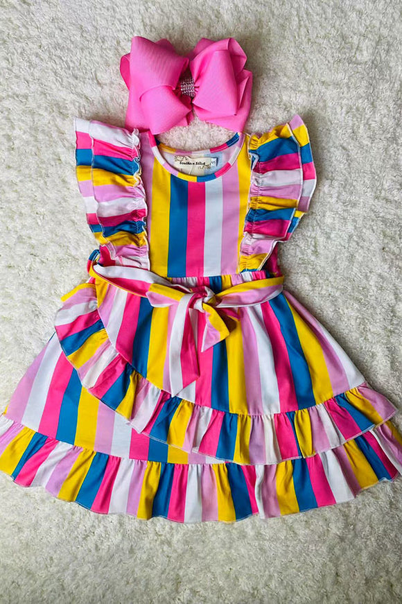 XCH03008 Multicolor serape printed ruffled girls dress w/side belt