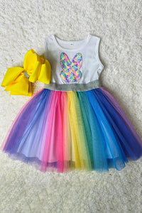 DLH2854 Sequin bunny embroidery multi color tulle easter girls dress