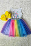 DLH2854 Sequin bunny embroidery multi color tulle easter girls dress