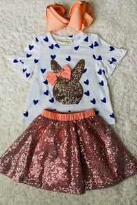 XCH04022 Squin bunny embroidery top & sequin skirt/inside shorts 2pc girls sets