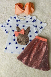 XCH04022 Squin bunny embroidery top & sequin skirt/inside shorts 2pc girls sets