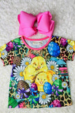 XCH0660-5H Leopard easter eggs & chicken printed girls t-shirt