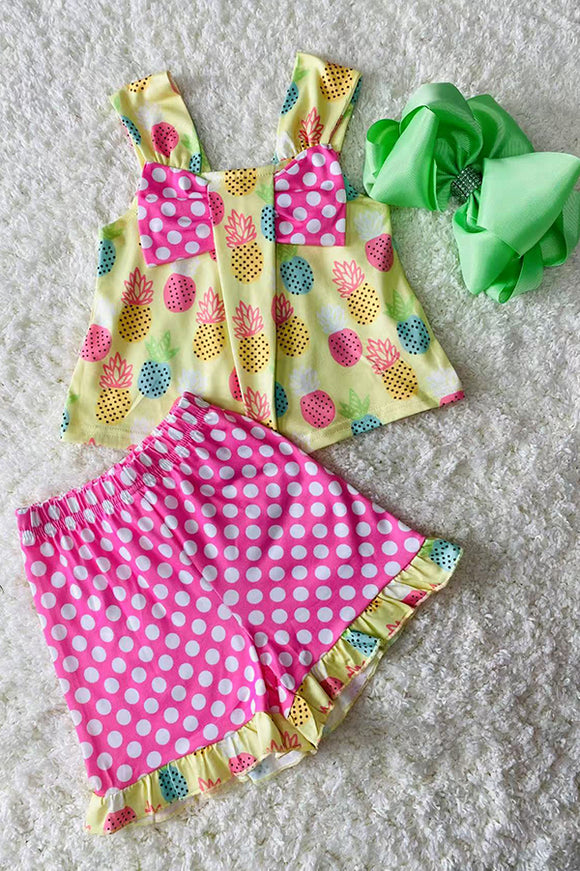 XCH04019 Pineapple & Polka dots printed top and shorts 2pc girls sets