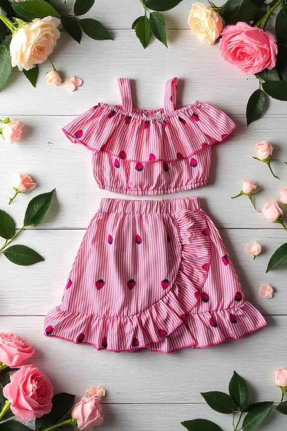XCH04024 Pink strape & strawberry printed top & skirt 2pc girls sets