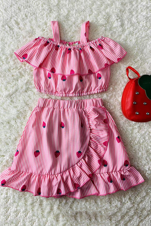 XCH04024 Pink strape & strawberry printed top & skirt 2pc girls sets