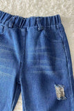 DLH2663 Washed blue denim fabric girls jeans with holes