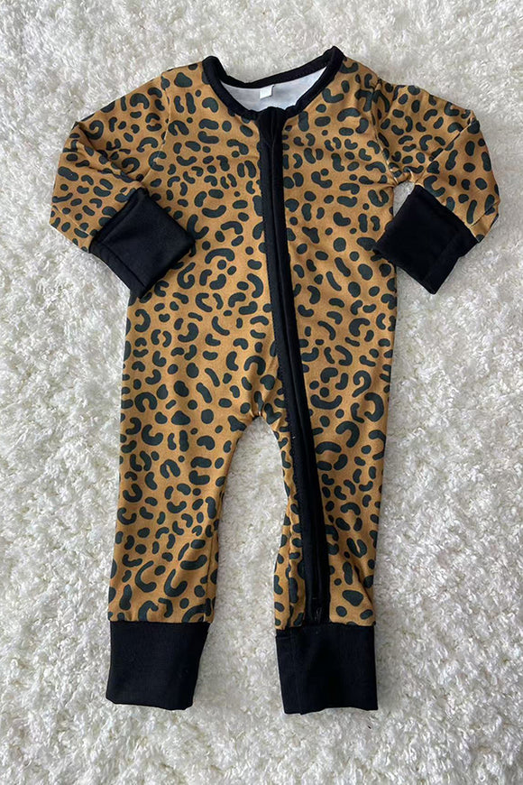 DLH2866 Leopard printed double zippers long sleeve baby romper