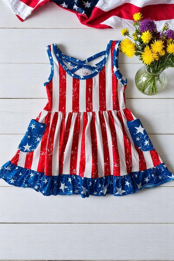 Children clothing store suppliers 4th July USA FLAG Printed girl swirl dress w/pockets XCH0888-11H