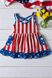 Children clothing store suppliers 4th July USA FLAG Printed girl swirl dress w/pockets XCH0888-11H