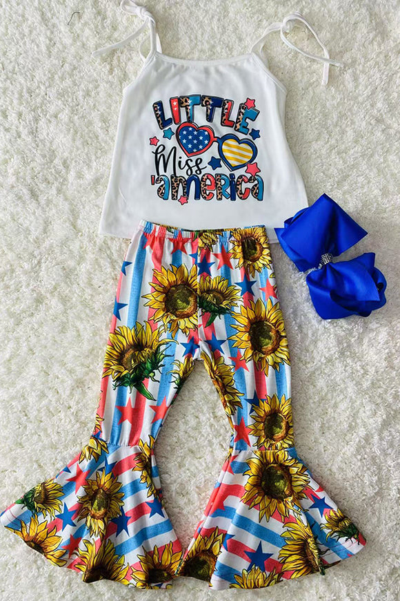 XCH0777-24H LITTLE MISS AMERICA top & sunflower bell bottoms 4th July girl set